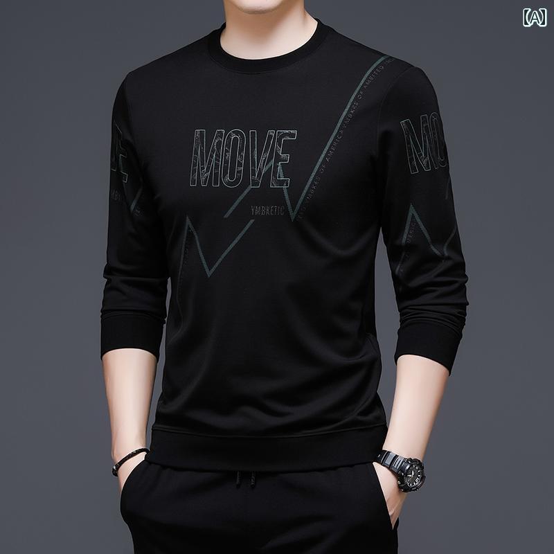 シャツ メンズ 春秋 ラウンドネック 長袖 Tシャツ 薄手 セーター ゆったり プリント トップス シンプル おしゃれ 快適