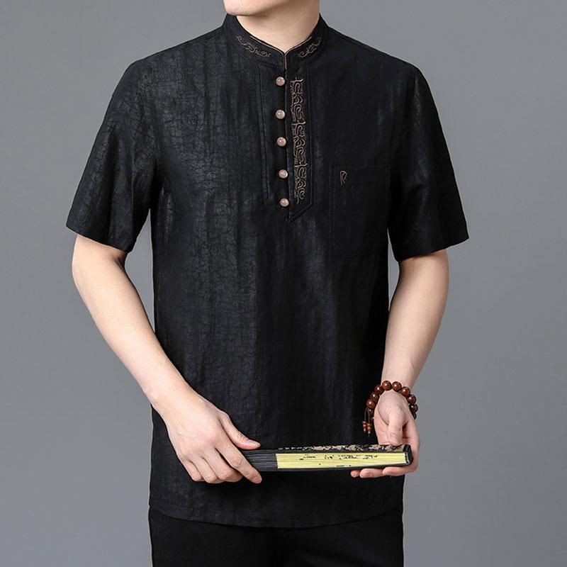 シャツ メンズ 夏 シルク 桑 絹 唐装 シャツ 半袖 クラックル 雲糸 トップス チャイナ風 ファッション シンプル 快適 おしゃれ
