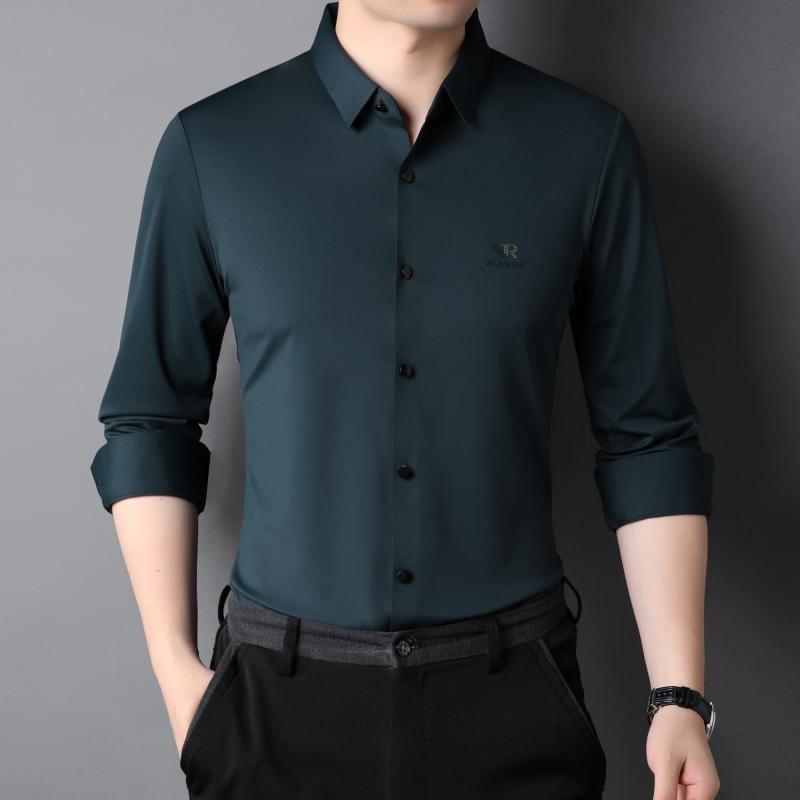 シャツ トップス メンズ 春秋 ファッション ワンポイントプリント スリムフィット 長袖 シームレス シンプル ビジネス ノーアイロン シルクシャツ