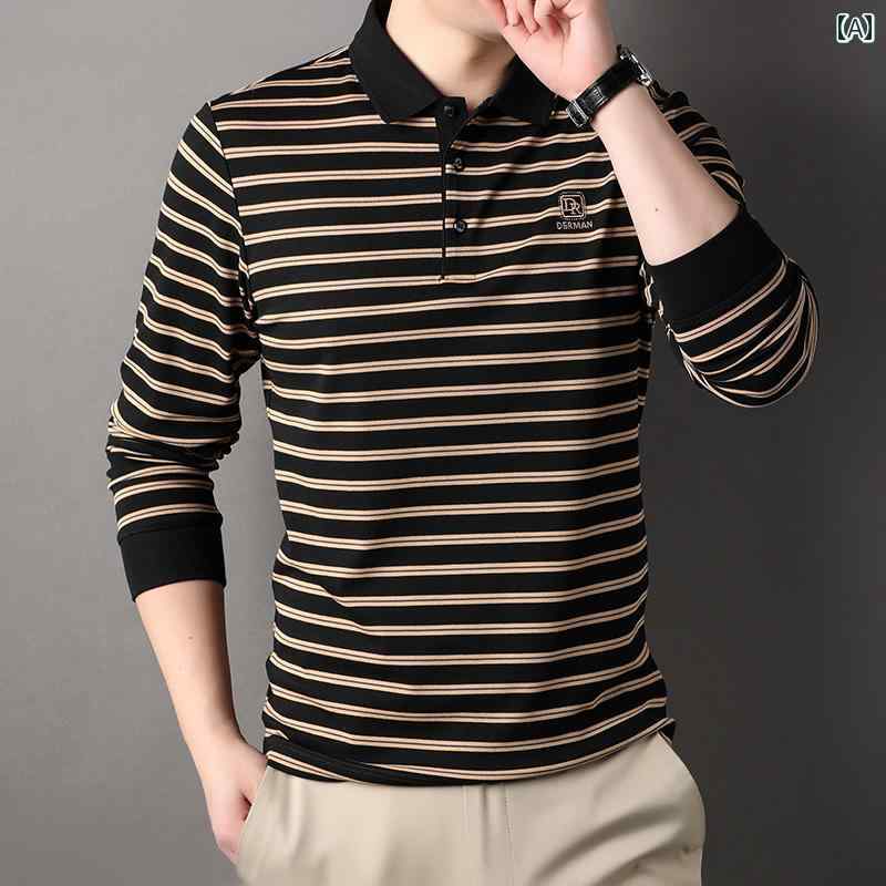 ポロシャツ 長袖 メンズ トップス ゴルフ レジャー 普段使い 秋 POLO シャツ ラペル ビジネス カジュアル ストライプ ノー アイロン 刺繍 Tシャツ