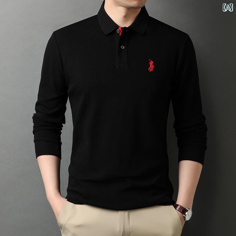 ポロシャツ 長袖 メンズ トップス ゴルフ レジャー 普段使い 春秋 無地 襟付き 綿 Tシャツ 高級 刺繍 レイヤリング シャツ