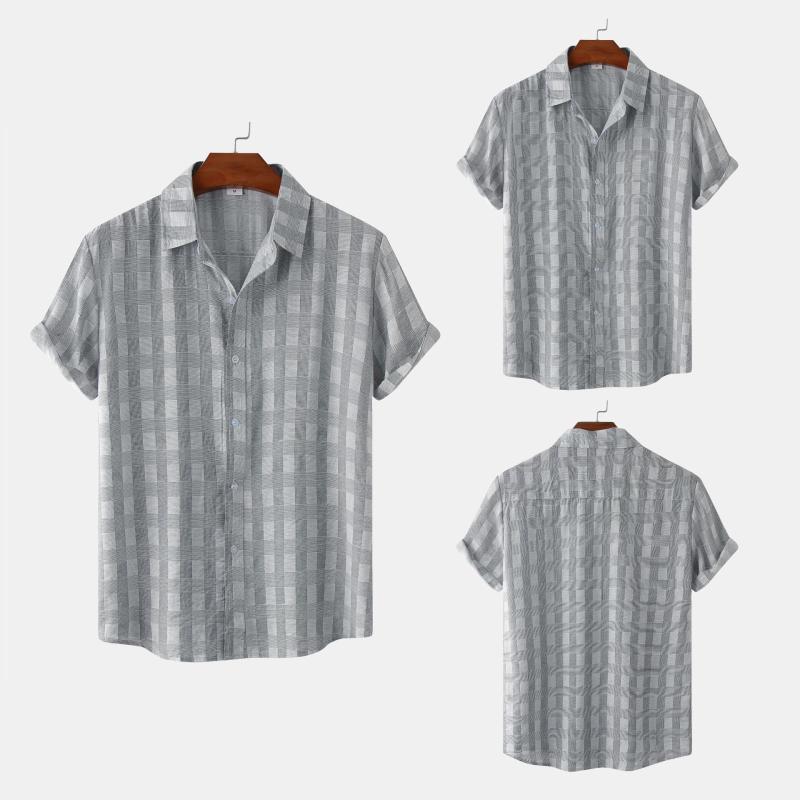 メンズ シャツ シャツ襟 半袖 前ボタン チェック 薄グレー黒白 繊細 細かい 格子柄 ルーズフィット ゆったり コットン リゾート バカンス 大きめ ゆったり エレガント カジュアル