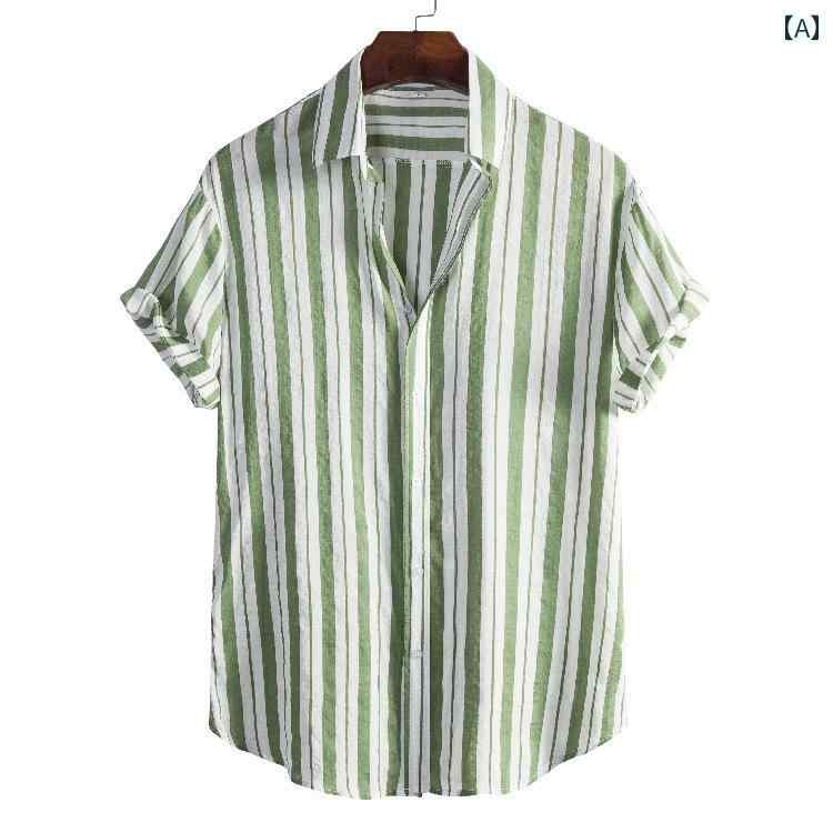 メンズ シャツ 半袖 ストライプ柄 縦縞 プリント カラフル 多色 全6種 シャツ襟 前ボタン ポップ モダン おしゃれ ボーダー ラグジュアリー リゾート ストリート 爽快 快適 通気性