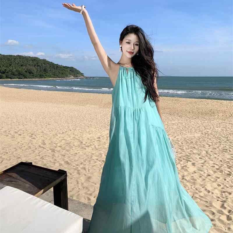 ワンピース レディース 大人 リゾート レジャー ホリデー スタイル サスペンダー ロング スカート ビッグ スイング ノースリーブ Aライン ドレス