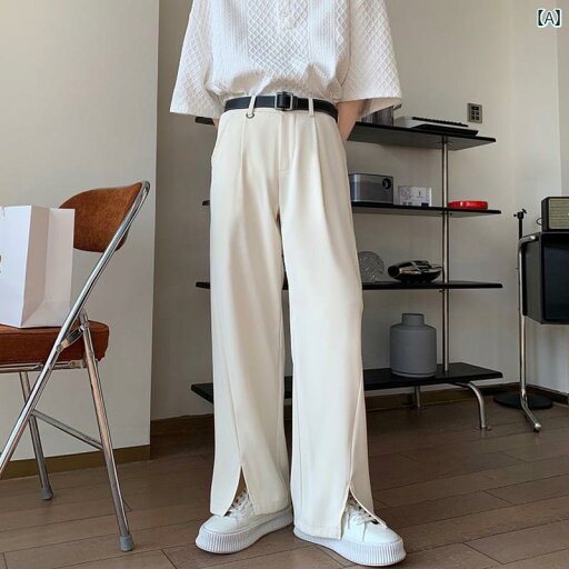 スーツパンツ スラックス スリット パンツ メンズ 夏 薄手 ストレート 涼しげ ドレープ ワイド レッグ フロア レングス カジュアル ゆったり スーツパンツ スラックス スリット パンツ メンズ 夏 薄手 ストレート 涼しげ ドレープ ワイド レッグ フロア レングス カジュアル ゆったり