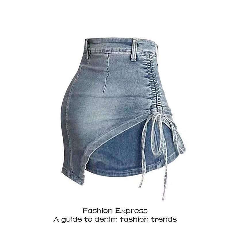 レディース アシンメトリー ストラップ シャーリング デニムショートパンツ スカート 夏 ハイウエスト スリム Aライン スカート デニムショートスカート
