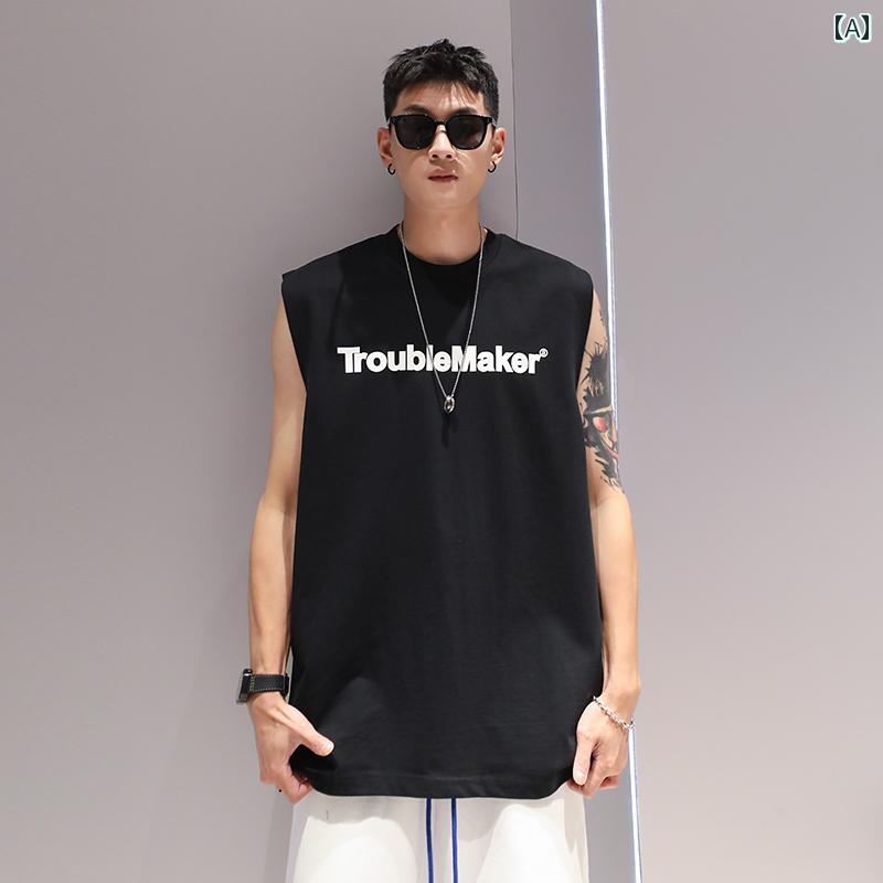 メンズ ノースリーブ プリント スポーツ バスケ トレーニング ベスト 夏 アメリカン ファッション ストリート カジュアル チョッキ ゆったりタイプ デイリー コットン