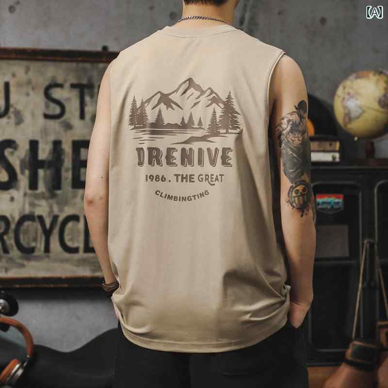 ノースリーブ 男性用 アメリカン レトロ スポーツ ベスト 厚手 コットン Tシャツ 夏 ファッション レター プリント チョッキ ゆったりタイプ