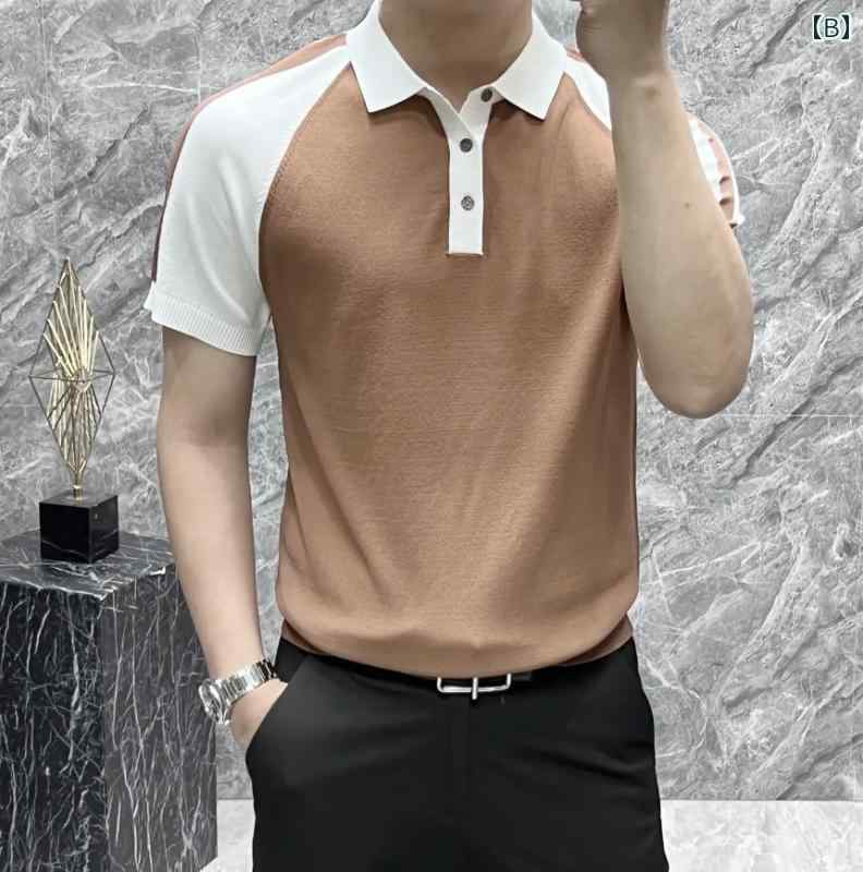 メンズ トップス 夏 冷感 カラーマッチング ポロシャツ カジュアル 半袖 T シャツ 男性 スリム フィット
