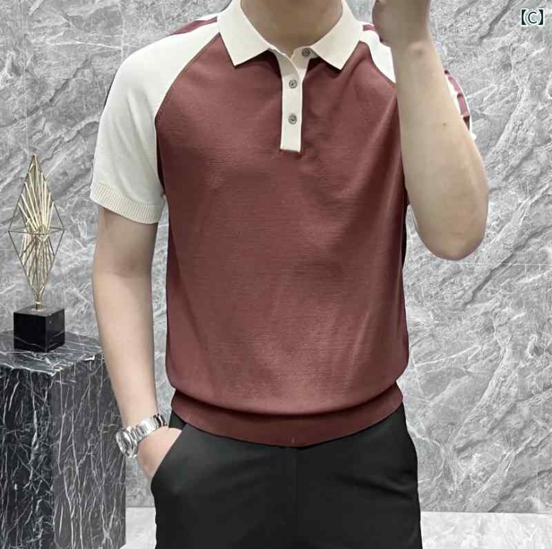 メンズ トップス 夏 冷感 カラーマッチング ポロシャツ カジュアル 半袖 T シャツ 男性 スリム フィット