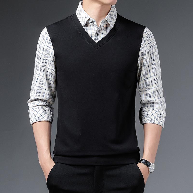メンズ 春秋 Vネック ビジネス カジュアル ゆったり チェック柄 インナー フェイク ツーピース シンプル おしゃれ
