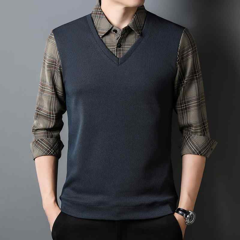 メンズ 長袖 フェイク ツーピース ラペル ニット チェック柄 インナー 重ね着風 カジュアル トップス おしゃれ 快適