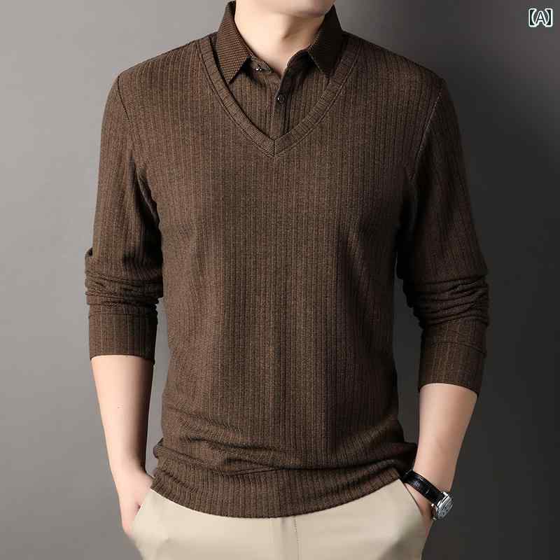 メンズ フェイク ツーピース 長袖 Tシャツ 春秋 ゆったり ニット 無地 レイヤリング シンプル おしゃれ トップス