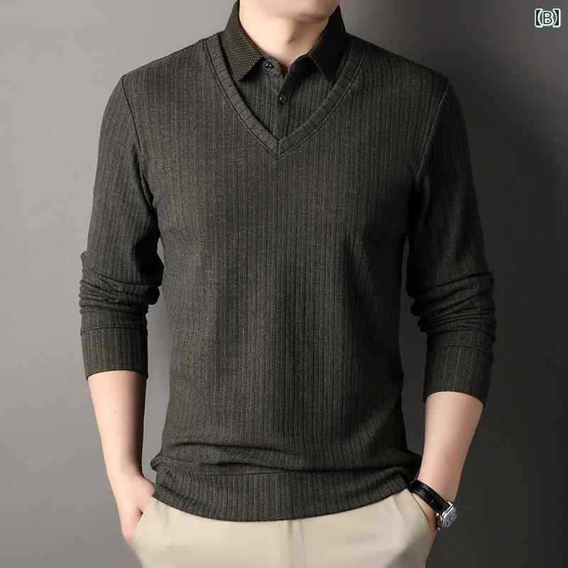 メンズ フェイク ツーピース 長袖 Tシャツ 春秋 ゆったり ニット 無地 レイヤリング シンプル おしゃれ トップス