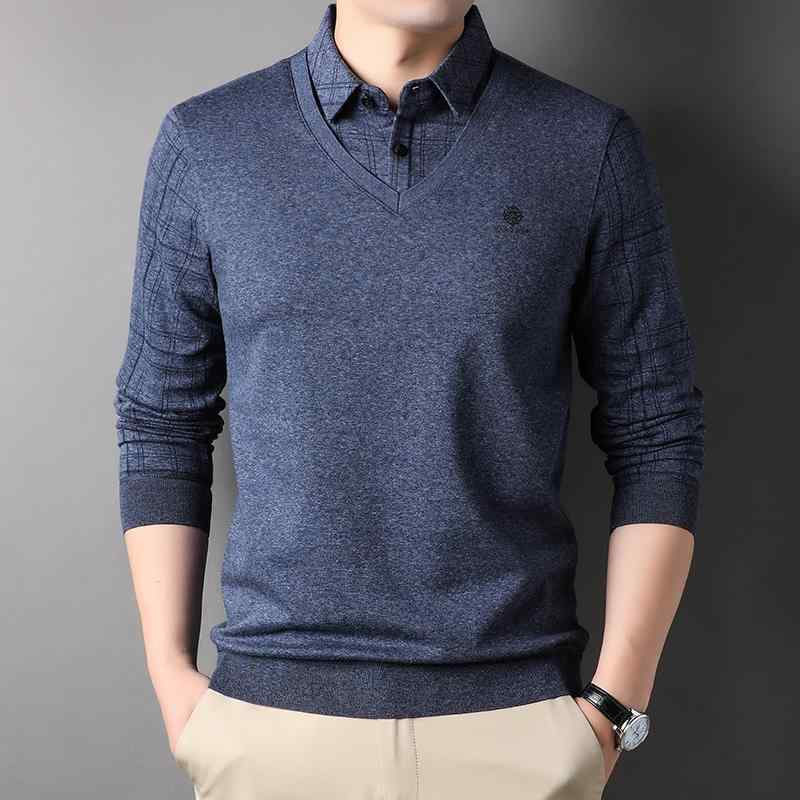 メンズ フェイク ツーピース 薄手 ニット シンプル カジュアル 軽量 快適 おしゃれ トップス ベーシックカラー 紳士服