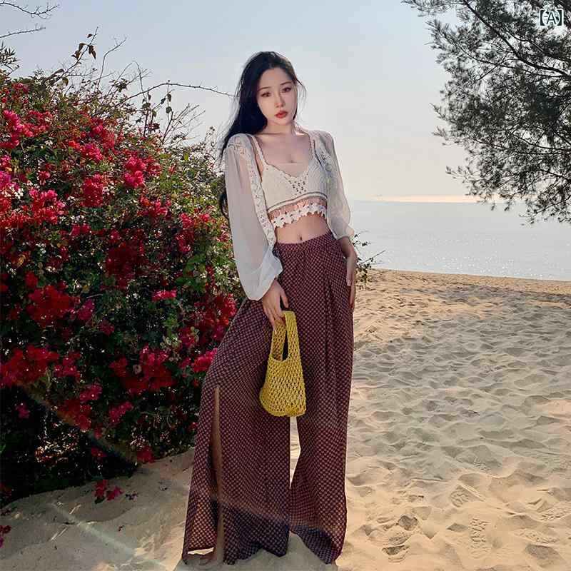 ワイド レッグ パンツ レディース 夏 ハイウエスト ドレープ スリット モップ パンツ シーサイド スカ..