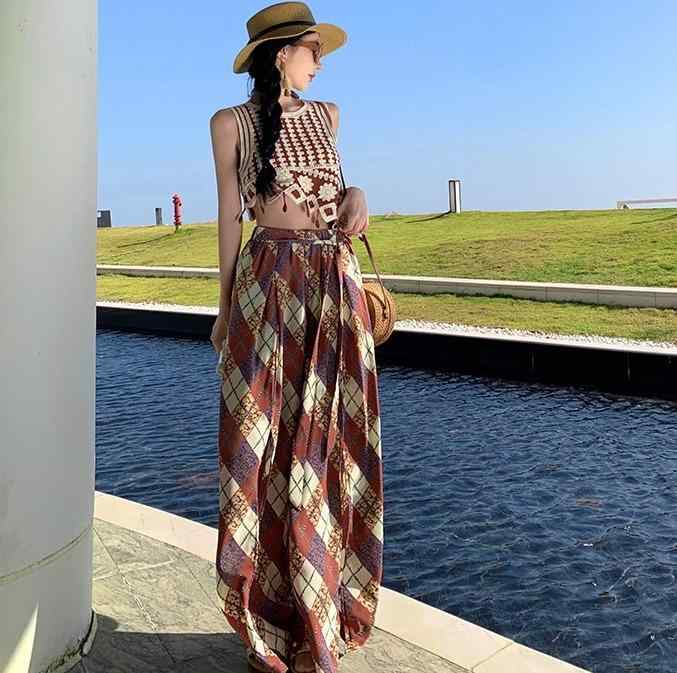 レディース ファッション 夏 海辺 ビーチ 休暇 旅行 チェック柄 コーヒー 色 スプリット パンツ ウエス..