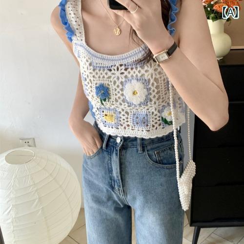 レディース レトロ 刺繍 花 カーディガン ニットキャミソール 夏 アウター ショート トップ レギュラー