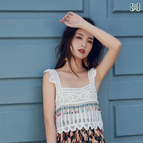 キャミソール レディース ボヘミアン 民族風 ニット サスペンダー トップス 夏用 雲南省 ベスト ゆったり タンクトップ リゾート