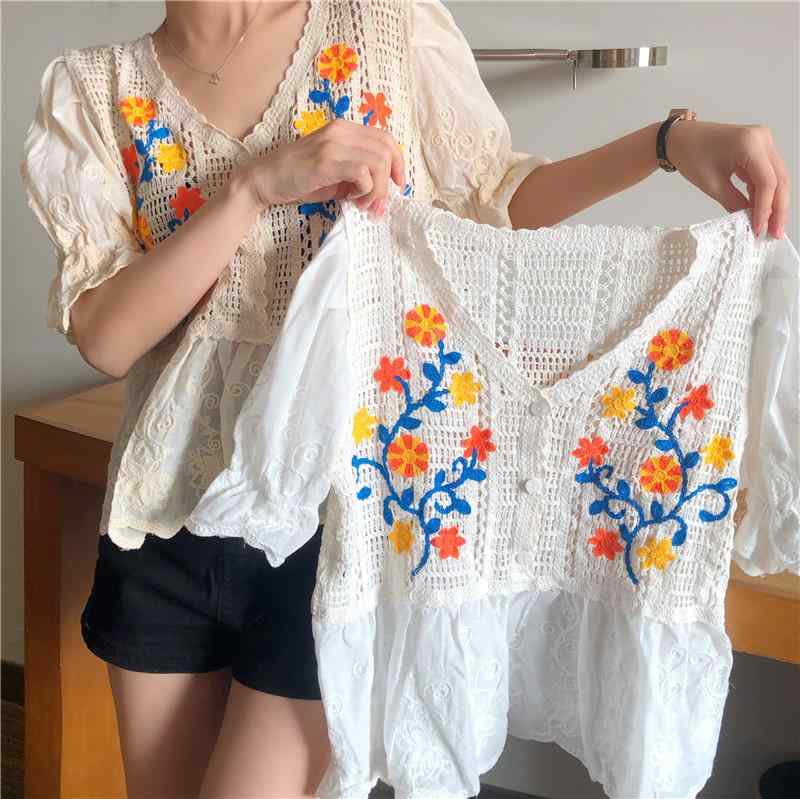 レディース ファッション 夏 韓国 シフォン 刺繍 フック フラワー スプライシング Vネック 半袖 レトロ シャツ