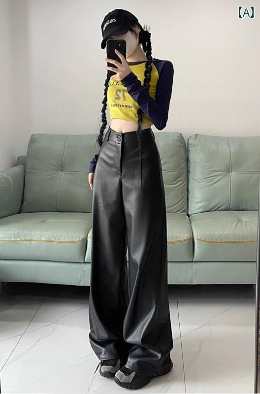 レディース ファッション アメリカン レトロ PU レザーカジュアル パンツ 秋 ハイウエスト スリム ワイ..