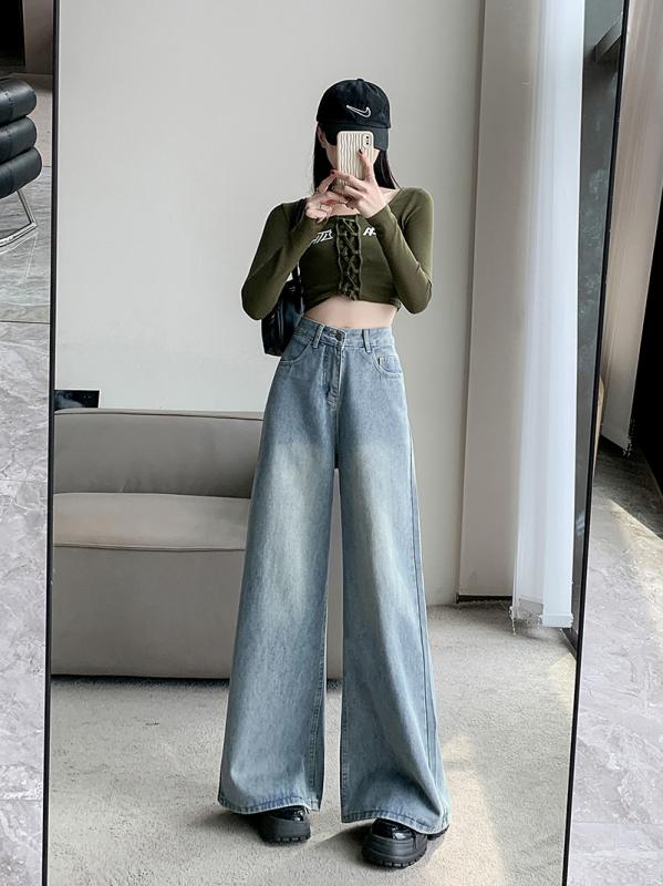 レディース アメリカン レトロ フレア ジーンズ 秋冬 ハイウエスト ワイド レッグ モップ パンツ シン..