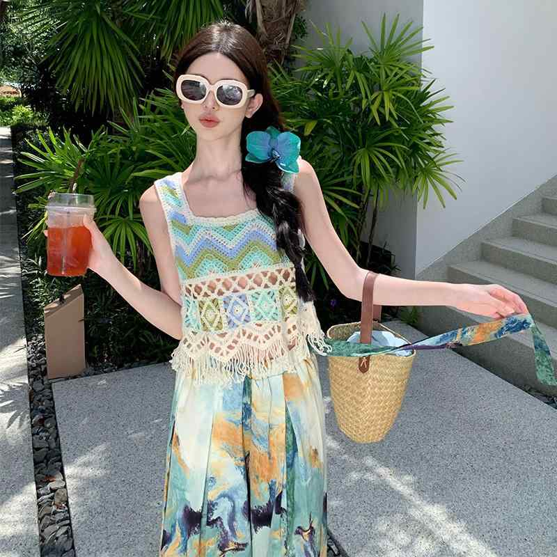 レディース ファッション 夏 旅行 カラフル ハイウエスト スプリット ワイド レッグ パンツ ニット トップス コーデ