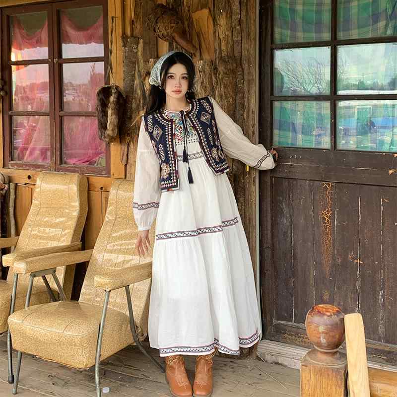 レディース レトロ ワンピース 刺繍 長袖 ヴィンテージ ショート カーディガン ベスト 重ね着 エレガント クロップド ジャケット おしゃれ ファッション エスニック レイヤード カントリー 旅行