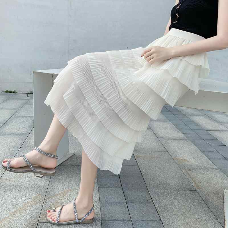 春夏 ティアードスカート ハイウエスト スリム 伸縮性 シフォン レディース エレガント 上品 パーティー レース 透け感 フリル カジュアル フェミニン ボリューム