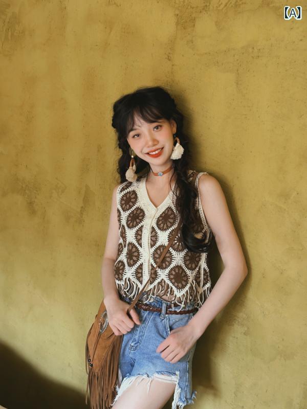 エキゾチック エスニック ベスト レトロ フリンジ ニット ショート丈 ジレ 女性用 Vネック 編み透かし クロシェ レイヤード チョッキ