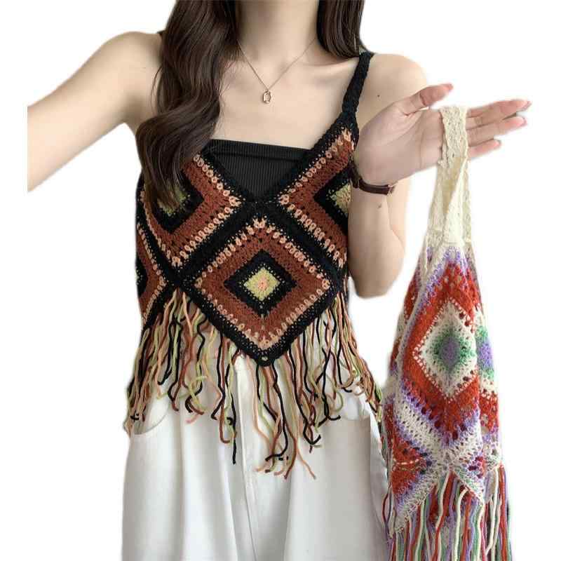 タンクトップ ニット ベスト 房 タッセル フリンジ 編み込み トップス 夏 レディース エスニック ボヘミアン アジアン ビーチ リゾート レトロのサムネイル