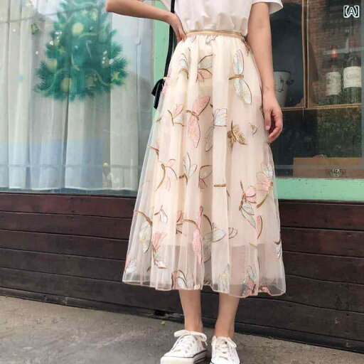 夏 女性用 スカート スパンコール トンボ 刺繍 ドレープ メッシュ ミドル丈 Aライン フェアリー ロング フェミニン 上品 夏 女性用 スカート スパンコール トンボ 刺繍 ドレープ メッシュ ミドル丈 Aライン フェアリー ロング フェミニン 上品