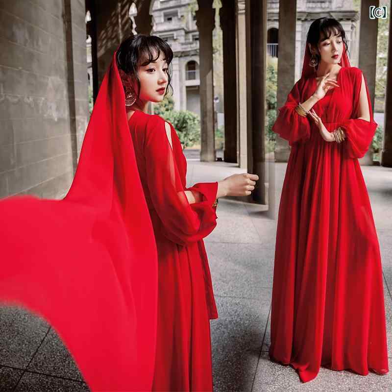 赤 ワンピース 背中開いた ビーチ スリット スカート フェアリー 魅惑的 海辺 バカンス リゾート 観光 民族風 スカーフ Vネック 春