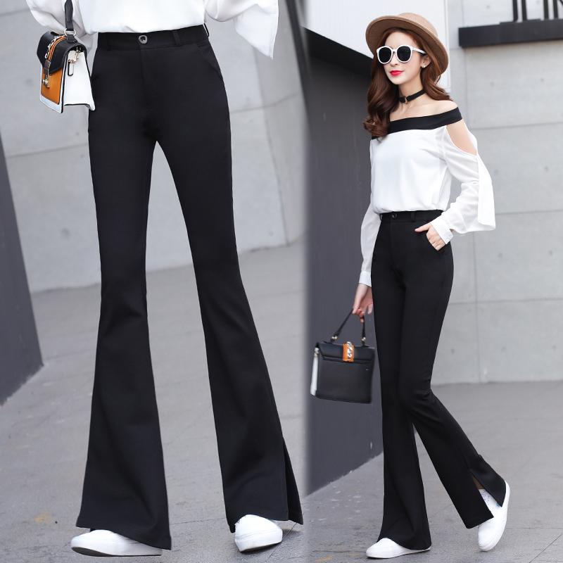 レディース パンツ 黒 ブーツカット ハイウエスト ドレープ ベルボトム スリムフィット ワイドレッグ ストレート 黒 スリット トレンド エレガント クラシック 美脚・脚長効果 スタイリッシュ