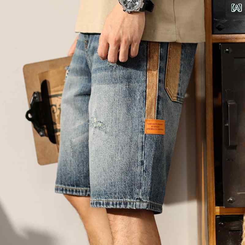 ハーフパンツ メンズ デニム アメリカン レトロ デニムショートパンツ サマー ファッション カジュアル ミッド パンツ コントラストカラー 七分丈パンツ かっこいい ダメージ加工