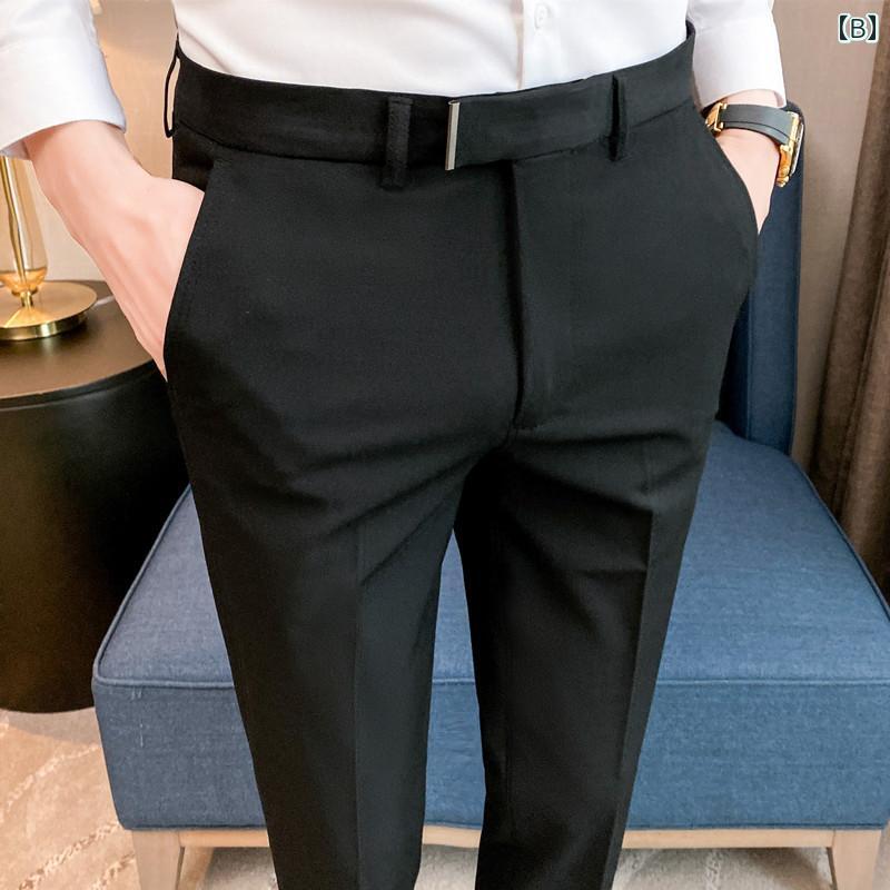 メンズ スーツパンツ スラックス 夏用 薄手 カジュアル パンツ 韓国 スリム イギリス ビジネスワーク 9分丈 スリムフィット ロング