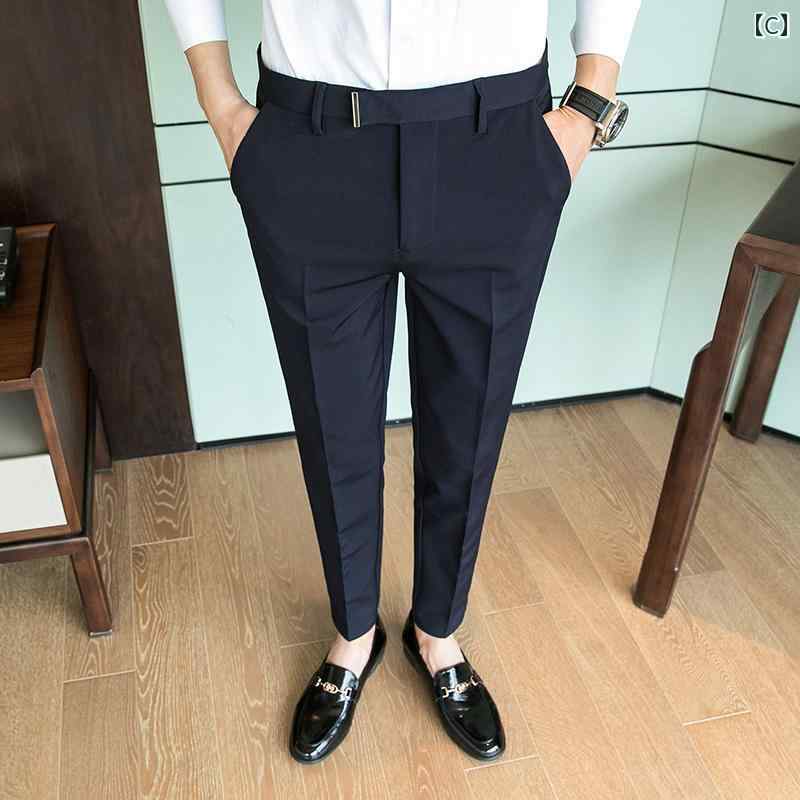 メンズ スーツパンツ スラックス 夏用 薄手 カジュアル パンツ 韓国 スリム イギリス ビジネスワーク 9分丈 スリムフィット ロング
