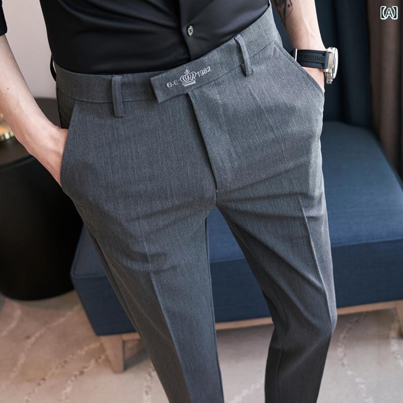 スラックス スーツパンツ 男性 夏 薄手 九分丈パンツ ビジネスカジュアル スリムフィット ドレープパンツ ハイエンド 都会的 メンズ フ..
