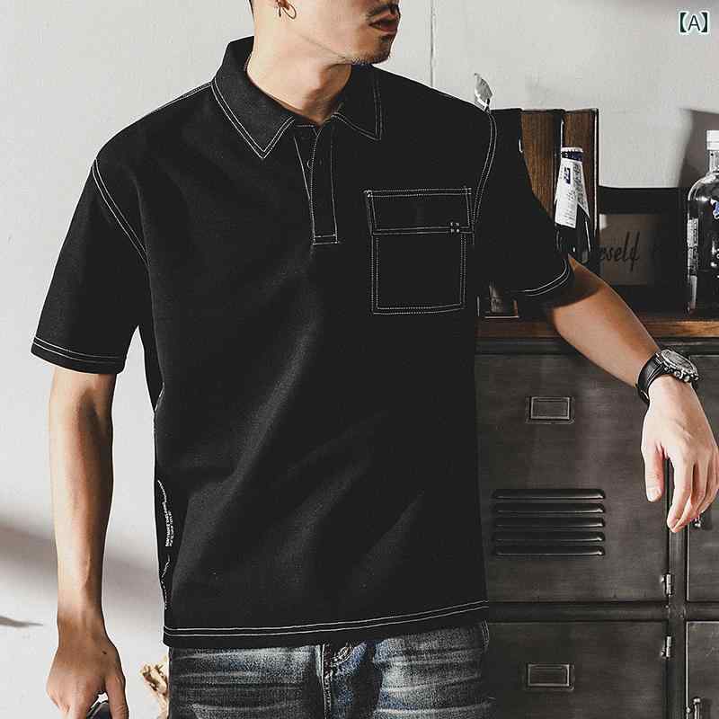 Tシャツ アメリカ ポロシャツ メンズ 半袖 夏 スタイル シャツ カラー コットン アメカジ トップ ステッチ 男性 黒 ブラック グレー グリーン