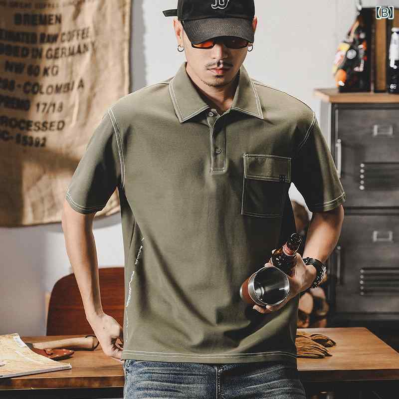 Tシャツ アメリカ ポロシャツ メンズ 半袖 夏 スタイル シャツ カラー コットン アメカジ トップ ステッチ 男性 黒 ブラック グレー グリーン