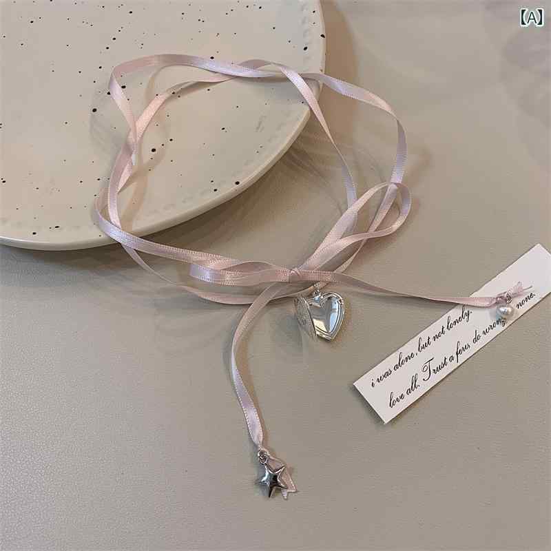 レディース アクセサリー フェミニン ハート ピンク リボン りぼん チョーカー 女性 フレンチ バレエ スタイル ネックレス デコルテ チェーン クール ガール