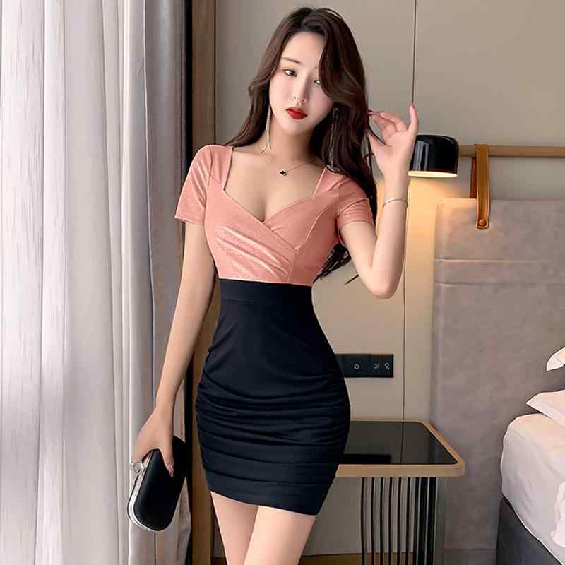 レディース ドレス 魅惑的 キャバドレス 女性 ドレス サウナマッサージ ナイロン vネック 夏 半袖 ショートスカート