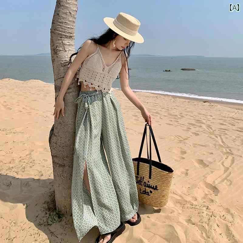 レディース ファッション ビーチ バケーション 夏 スプリット スカート パンツ ストラップ ハイウエス..