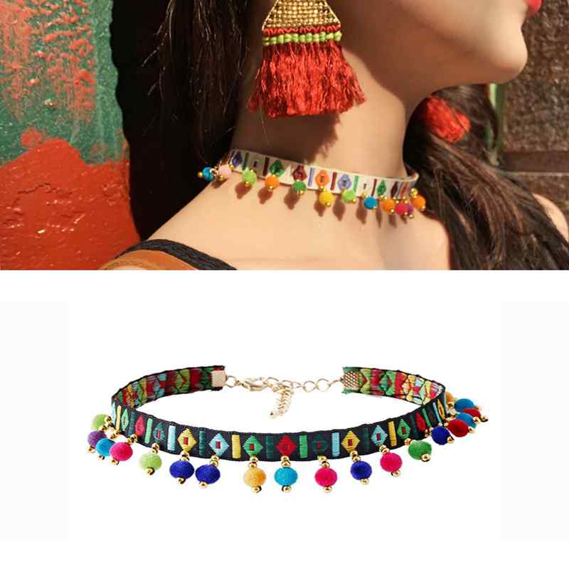 女性向け 民族風 刺繍 ネックレス 手編み カラフル ボールペンダント アクセサリー 編み込み ボヘミア..