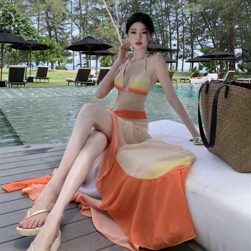 レディース ビーチ バケーション スタイル 魅惑的 夏 ビキニ 水着 スリーピース ロング スカート グラデーション シフォン