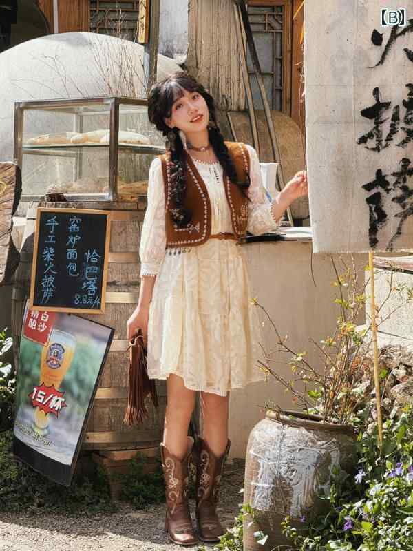 レディース 海辺 バカンス レース ワンピース 春秋 ランタン袖 スリム スカート ベスト コーデ おしゃれ 快適