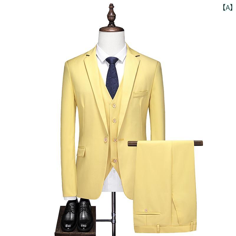 メンズ スーツ 3点セット セットアップ ベスト パンツ ジャケット 結婚式 新郎 スリーピーススーツ パーティー カジュアル カラー