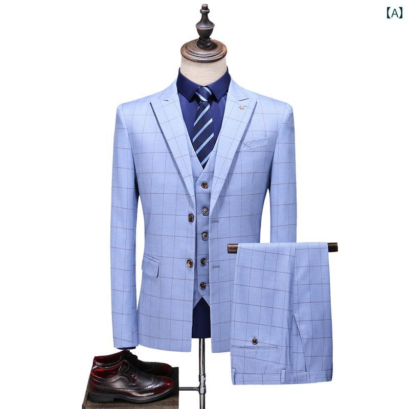 メンズ チェック柄 スリーピーススーツ 大きめサイズ 韓国スタイル スリムスーツ ビジネス カジュアル 男性用 快適 オフィス スタイリッシュ スリムフィット