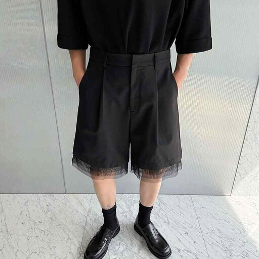 メンズ ハーフパンツ 黒 ブラック レース シアー チュール レイヤード ホット ボーイ 取り外し可能 メッシュ パンツ レディース 春夏 モード メンズ ハーフパンツ 黒 ブラック レース シアー チュール レイヤード ホット ボーイ 取り外し可能 メッシュ パンツ レディース 春夏 モード
