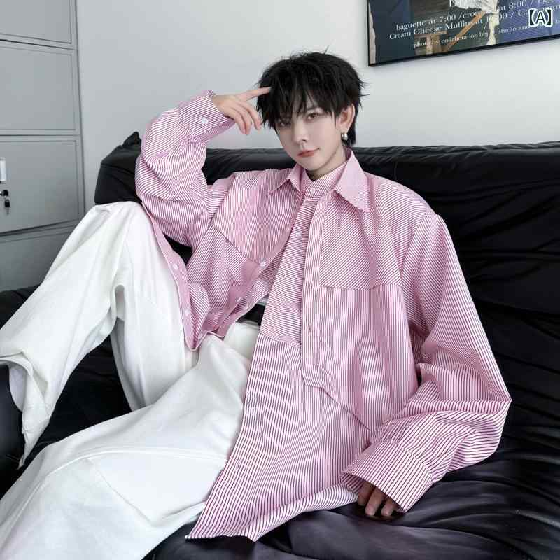 メンズ 春秋 シャツ 多層 レイヤード デザイン スプライシング ストライプ 重ね着風 ユニセックス アウター トップス おしゃれ